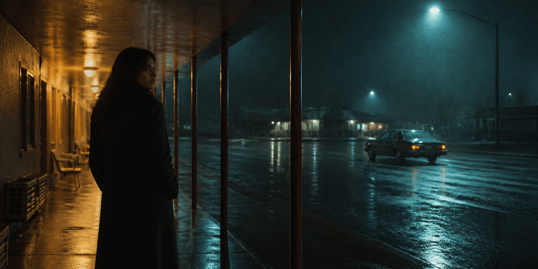 A woman under a motel awning on a rain-soaked night