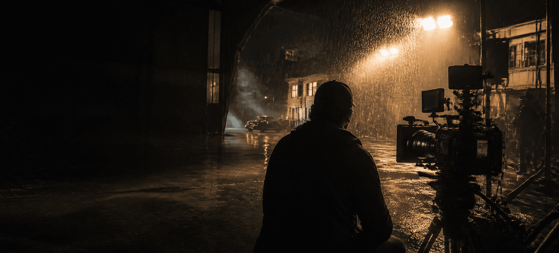 A director and cinema camera on a rain-lit night film set