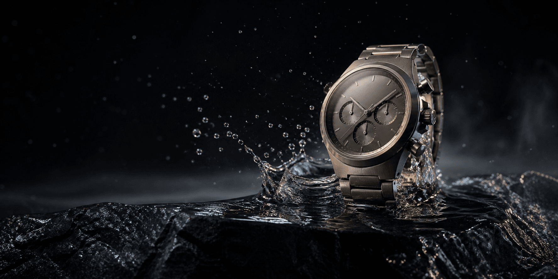 A titanium chronograph emerging from water on black stone