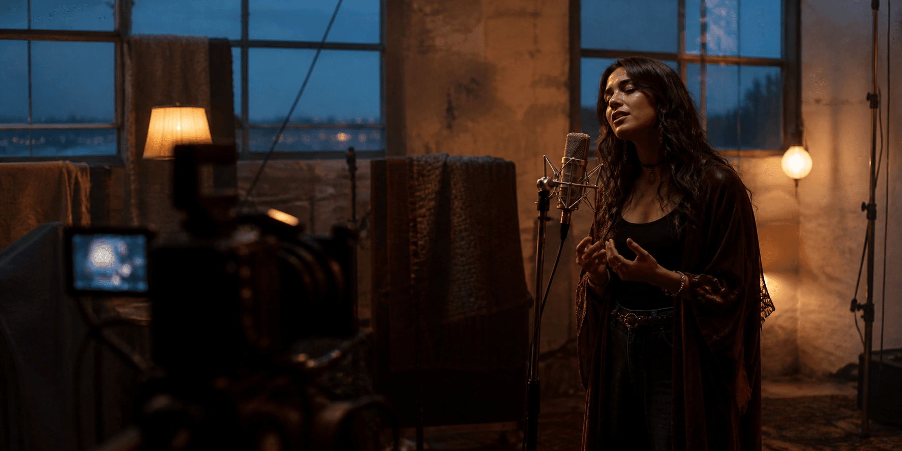 A vocalist performing in a warmly lit industrial loft