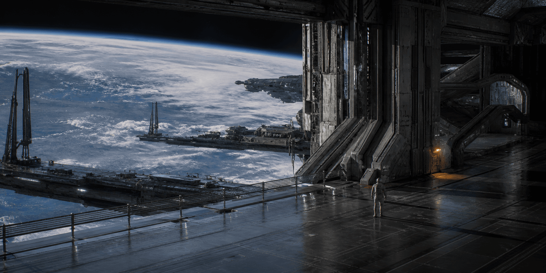 An astronaut on an orbital shipyard deck above Earth